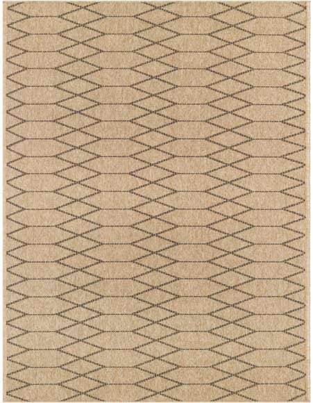 A 12 ft runner rug from the Rugs.com Dunes collection, featuring a modern brown trellis pattern on a tan flatweave background.