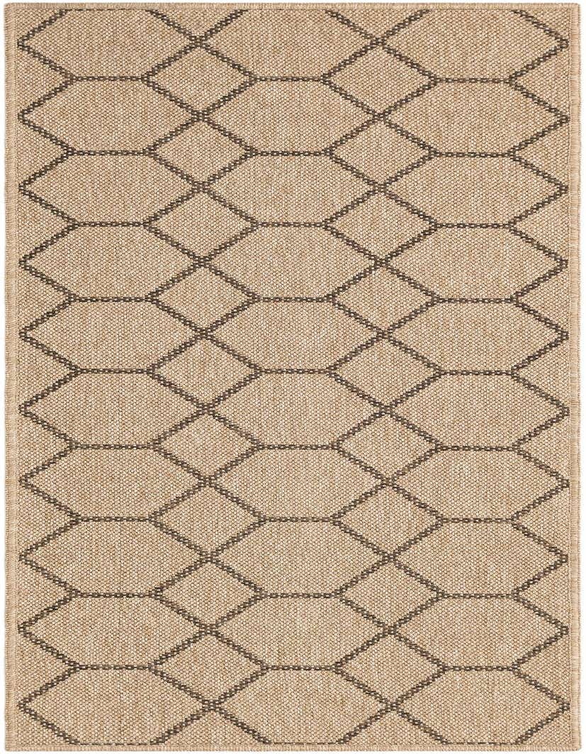 A 5 ft runner rug from the Rugs.com Dunes collection, featuring a modern brown trellis pattern on a tan flatweave texture.