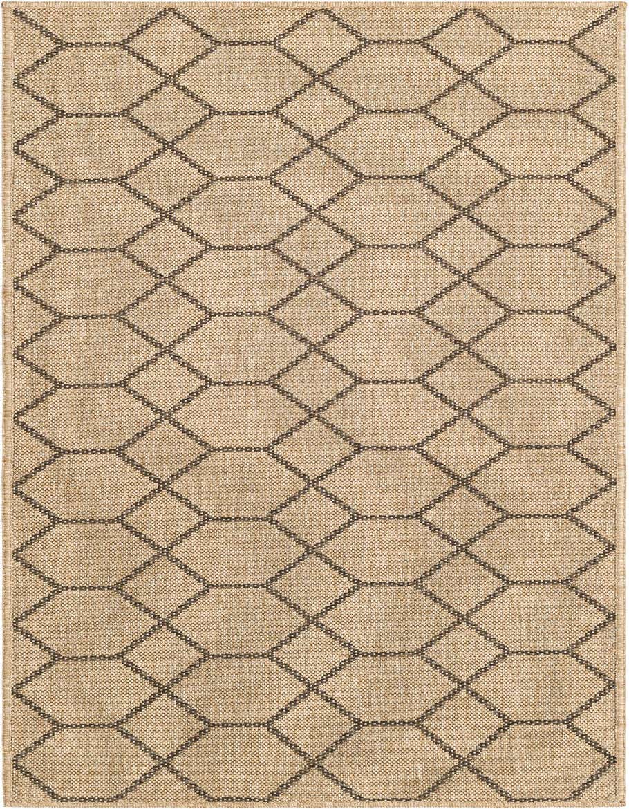 A 6 ft runner rug with a modern trellis pattern in tan and dark brown, suitable for a hallway or kitchen.