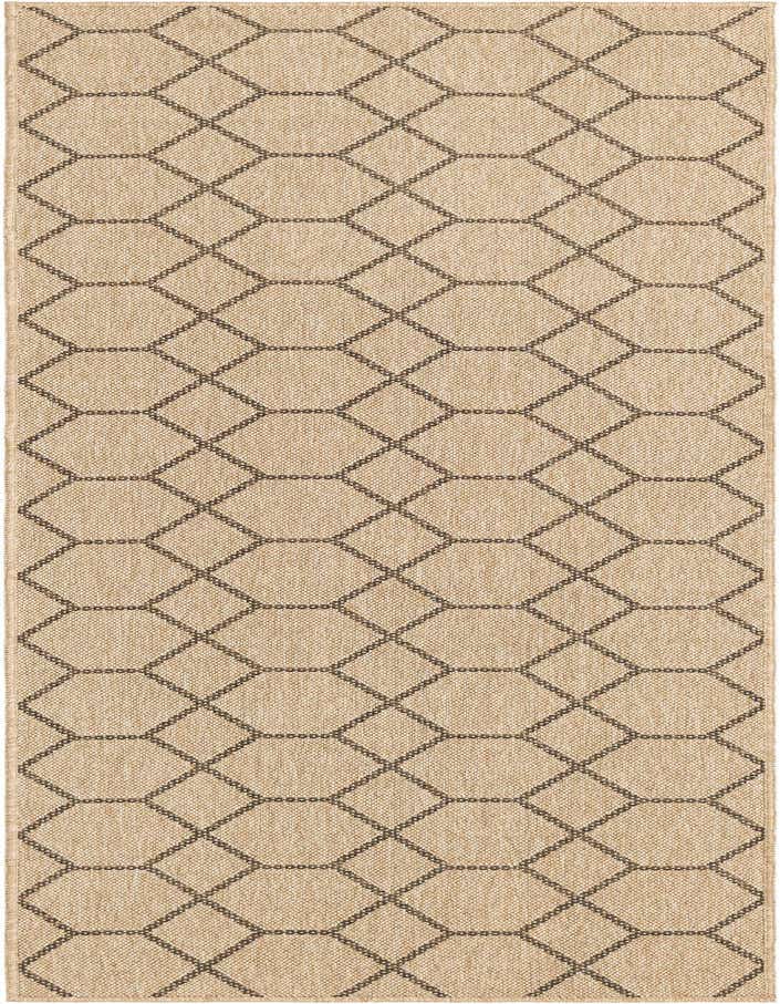 A tan 8 ft runner rug with a repeating dark brown modern trellis pattern, suitable for a hallway or kitchen.