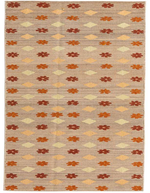 A 10 ft Kilim Modern runner rug with a flatweave texture, featuring a repeating pattern of orange and brown floral motifs and light yellow diamond shapes on a tan background, perfect for a hallway.
