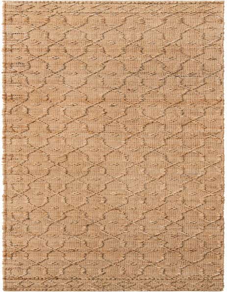 A 12 ft Larsa Jute runner rug in natural brown and tan, featuring a modern trellis pattern, perfect for a hallway.