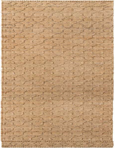 A natural brown Larsa Jute runner rug with a modern trellis pattern, handmade from jute and cotton.