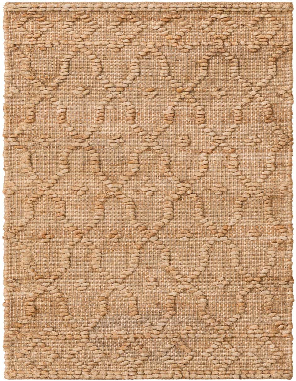 A natural brown Larsa Jute runner rug with a raised modern trellis pattern, perfect for a hallway.