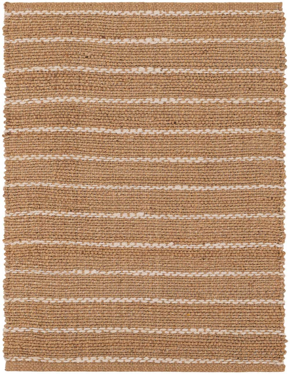 A 4 ft runner rug with a natural brown jute base and horizontal ivory and cream stripes, showcasing its textured, flatweave design.