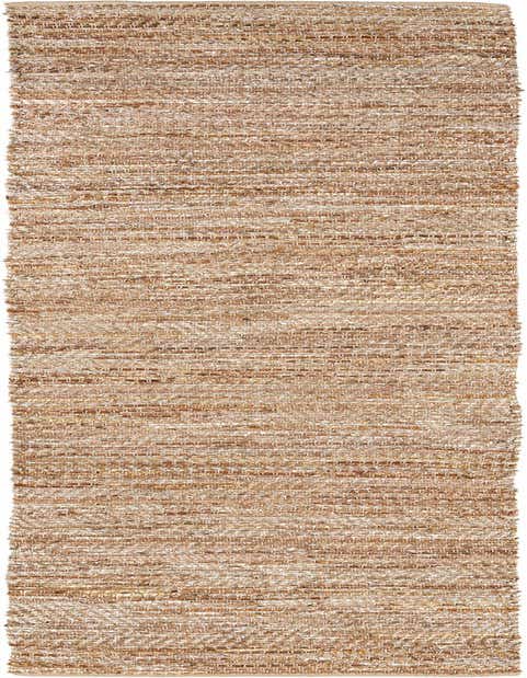 A close-up view of a 12 ft runner rug from the Rugs.com Leather Metallic Jute collection, showcasing its natural brown and ivory textured weave.