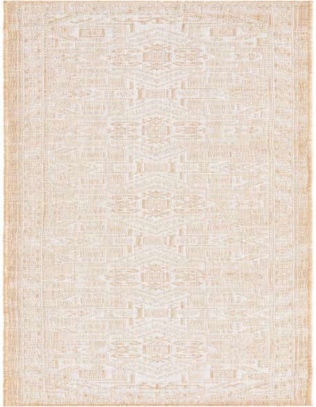 A 12 ft runner rug from the Outdoor Aztec collection, featuring a brown and ivory tribal pattern, ideal for hallways or patios.