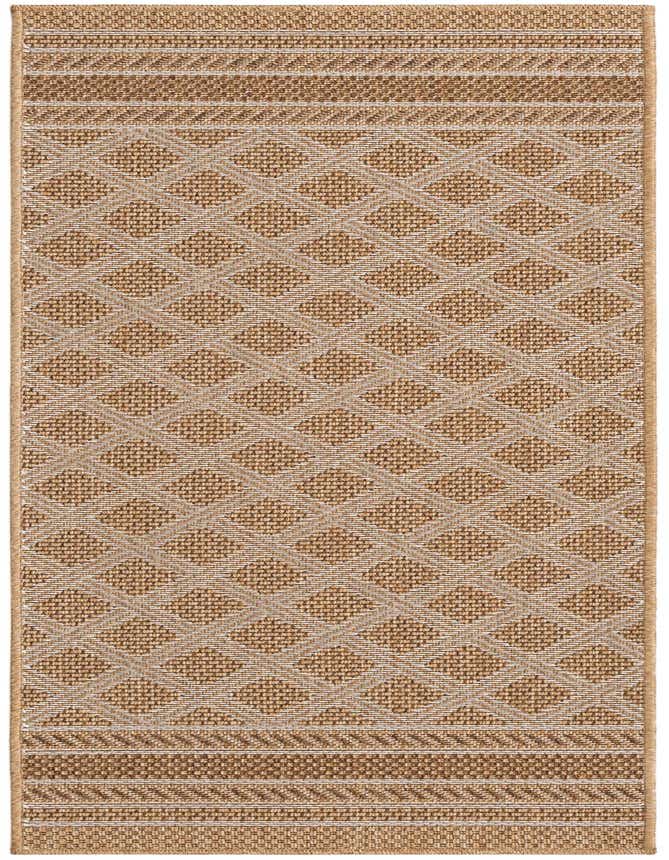 A 6 ft runner rug featuring a contemporary diamond lattice pattern in brown and ivory tones, suitable for hallways or patios.
