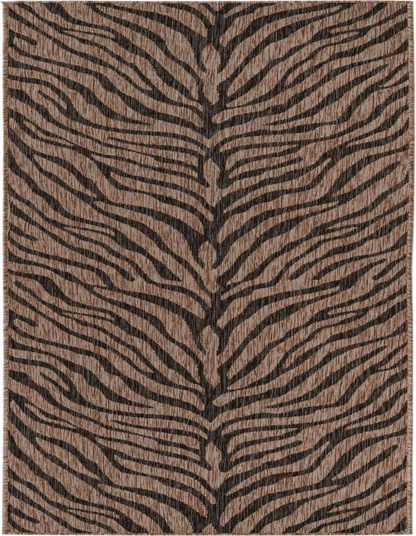 A 10 ft runner rug featuring a modern zebra stripe pattern in shades of brown, tan, and cream, suitable for a hallway or patio.