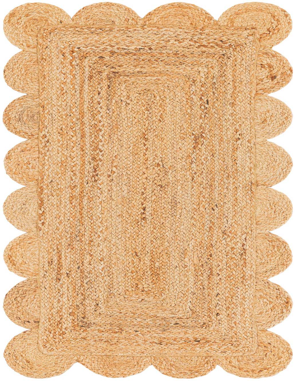 A 4 ft natural jute runner rug with a braided texture and distinctive scalloped edges, perfect for a hallway.