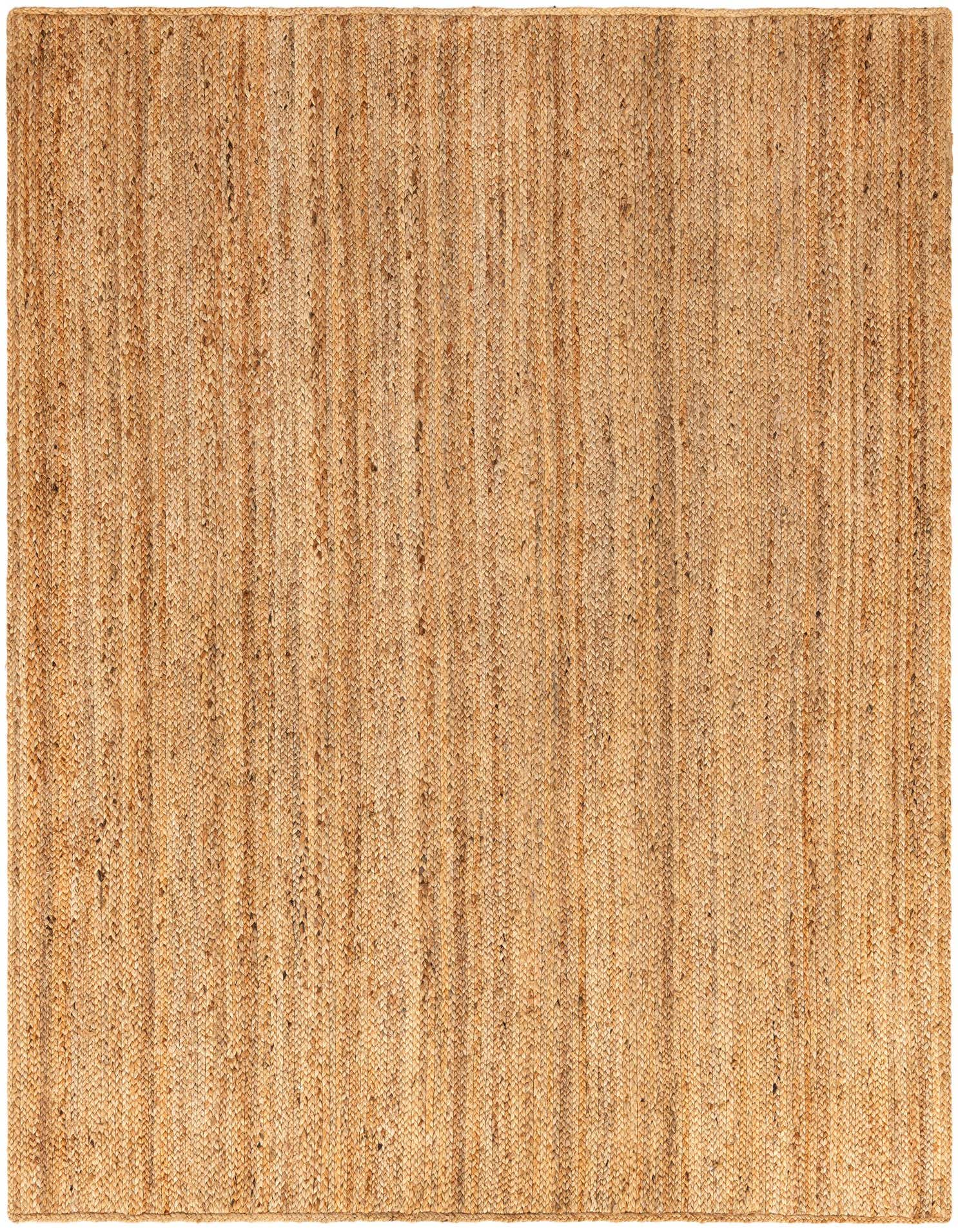 A 7' 10 x 7' 10 square Braided Jute Luxe rug from Rugs.com, featuring a natural tan and brown textured flatweave, ideal for an indoor living space.