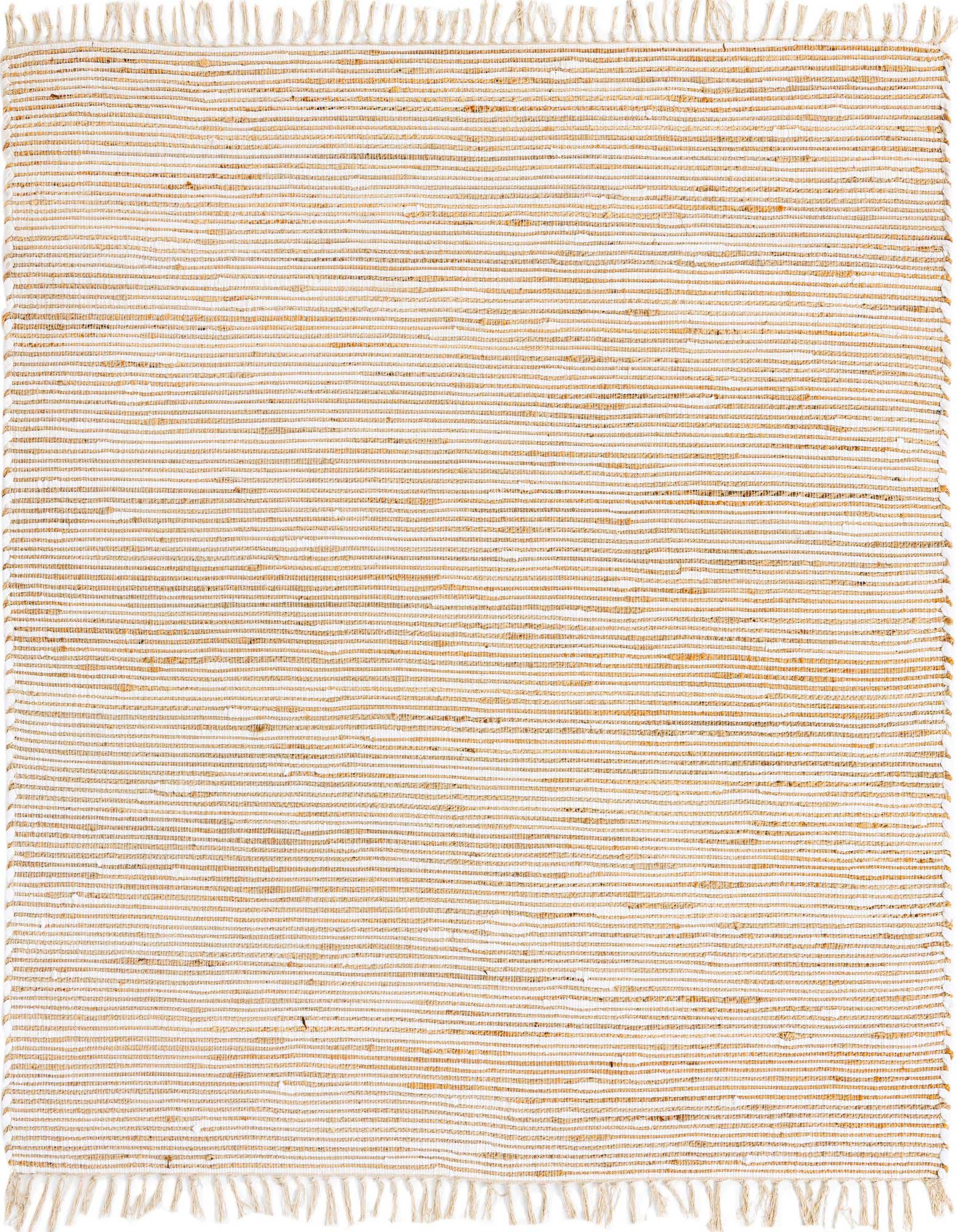 A 7' 1 x 7' 1 square Chindi Jute rug with alternating thin stripes of natural brown jute and ivory cotton, featuring fringed edges.