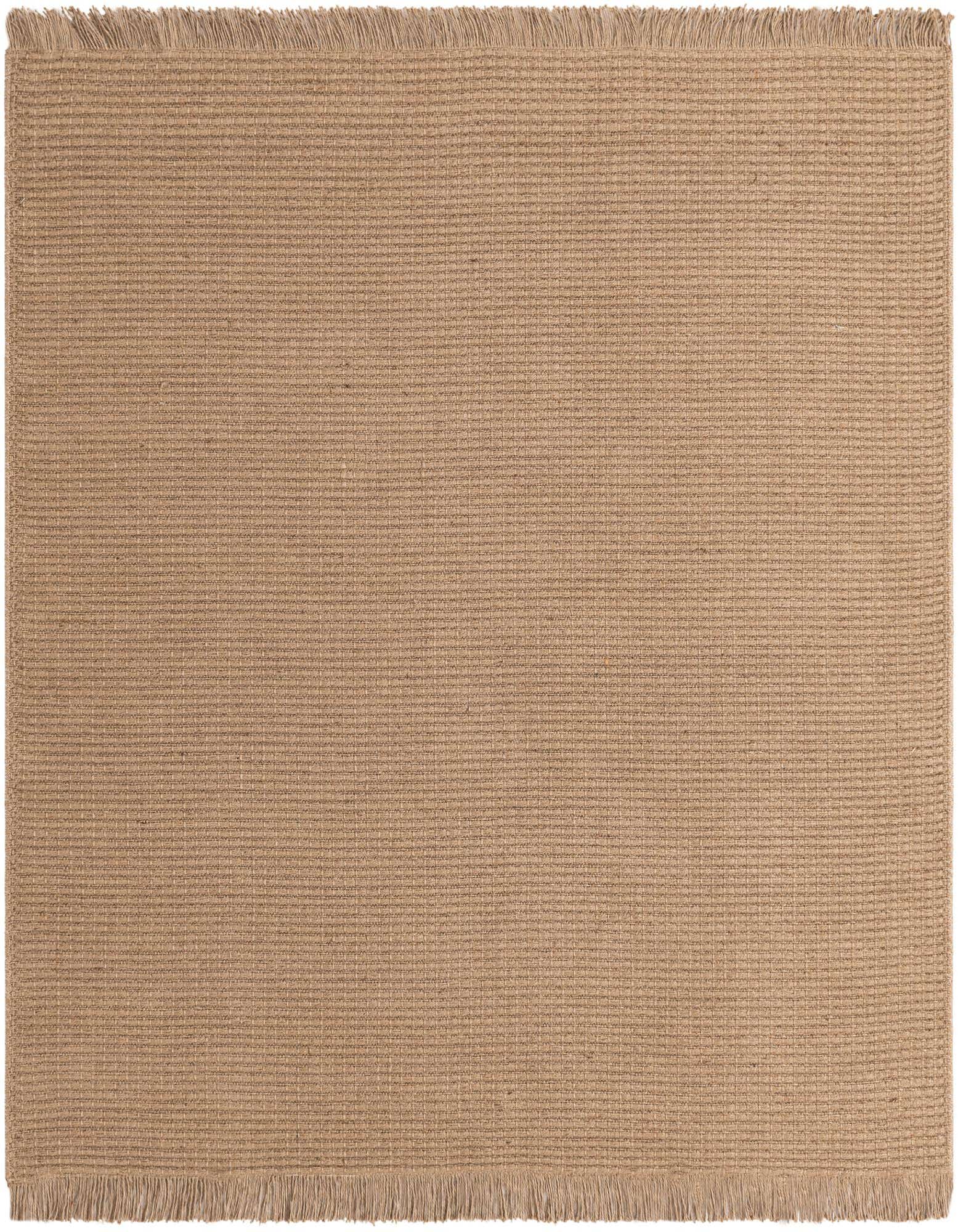 A 5'1" x 5'1" square Jute rug in a natural tan color with a rustic, textured flatweave and fringed edges.