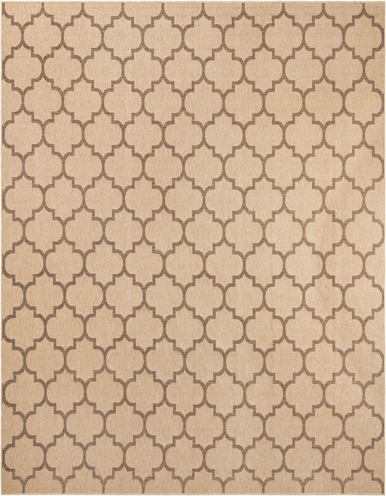 A 12' 2 x 12' 2 square indoor rug featuring a modern brown trellis pattern on an ivory and tan background.