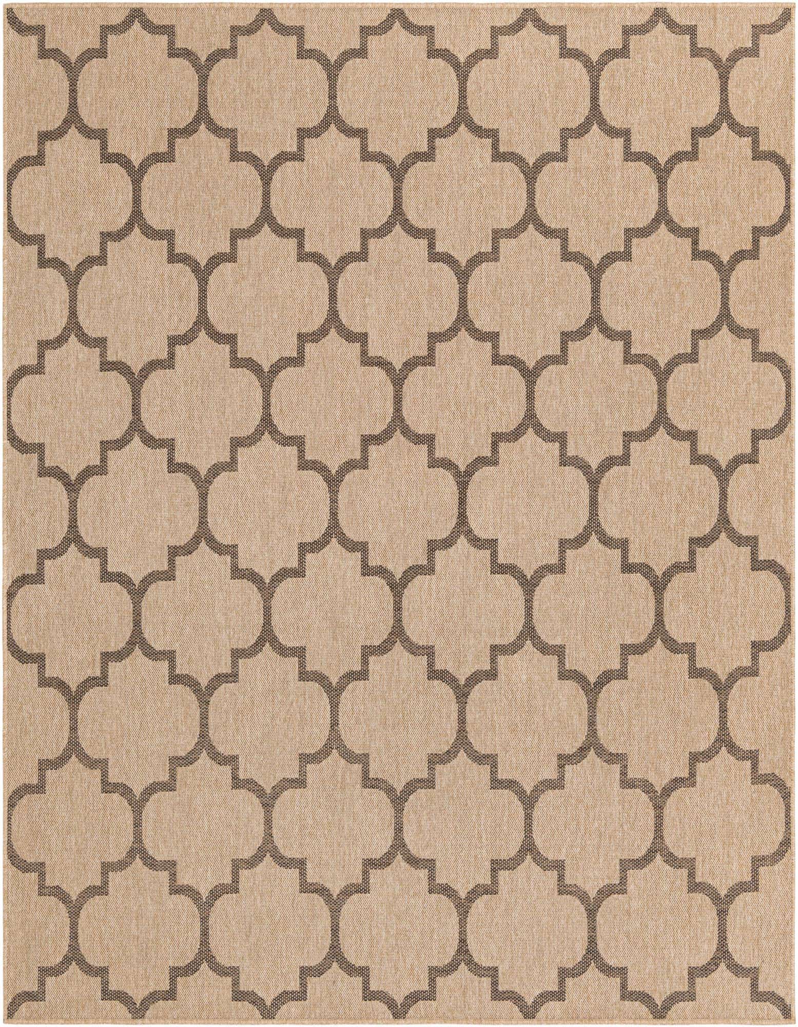 A square 8' 0 x 8' 0 Dunes Collection rug featuring a modern brown trellis pattern on a tan background.