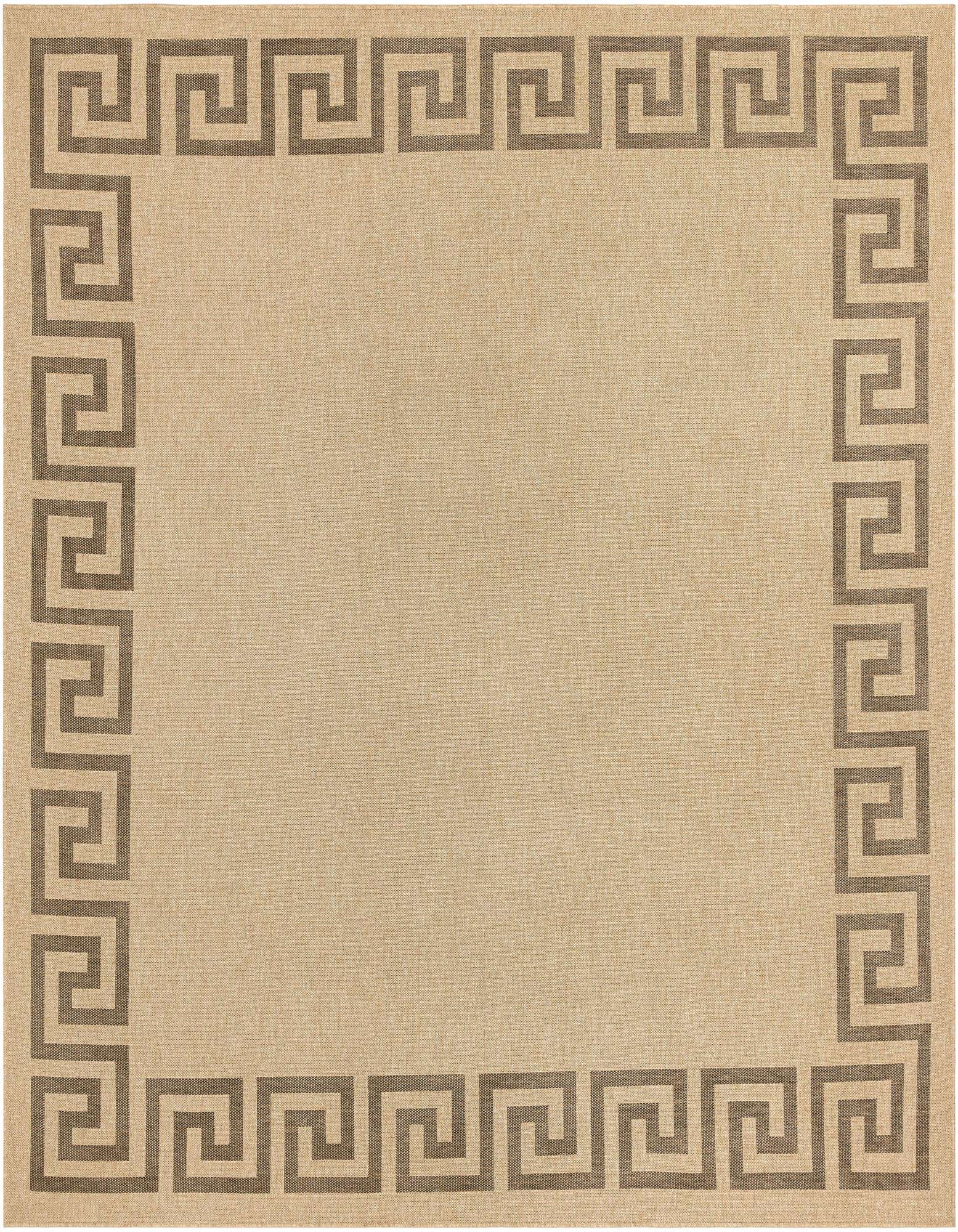 A 12' 2 x 12' 2 square indoor rug in a tan and brown color with a Greek key border pattern.