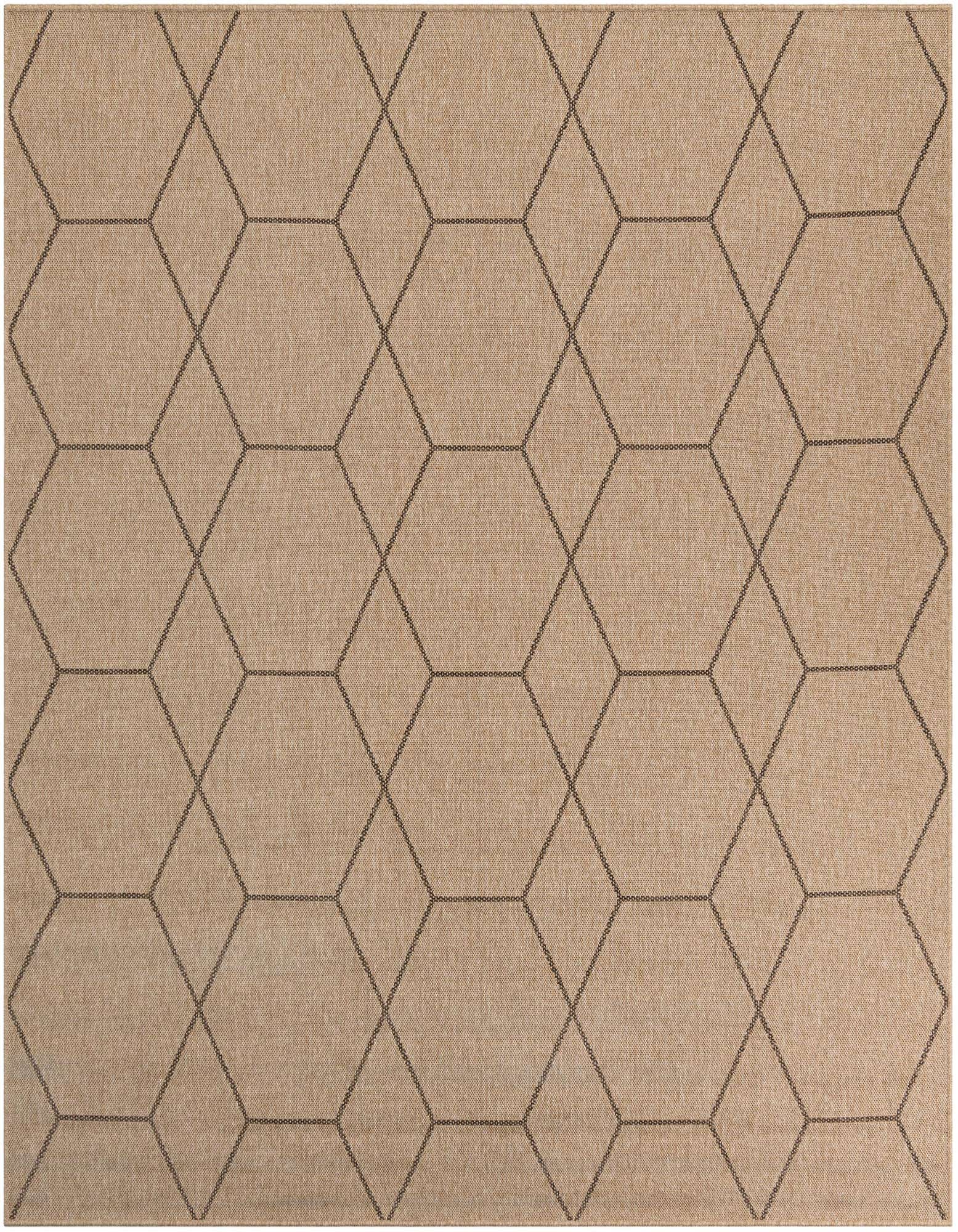 A 7' 10 x 7' 10 square tan and brown flatweave rug with a modern geometric trellis pattern.