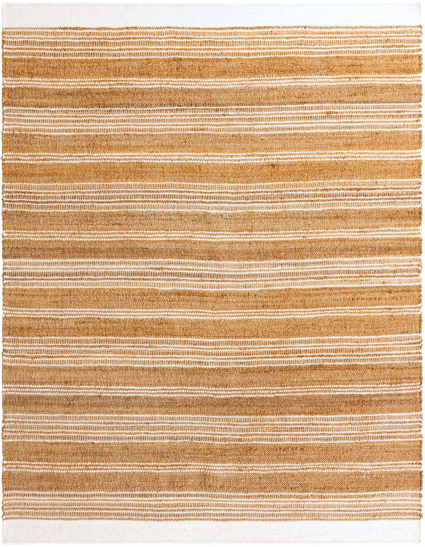 A square Lariat rug featuring alternating stripes of natural brown jute and ivory wool, showcasing its handmade texture.