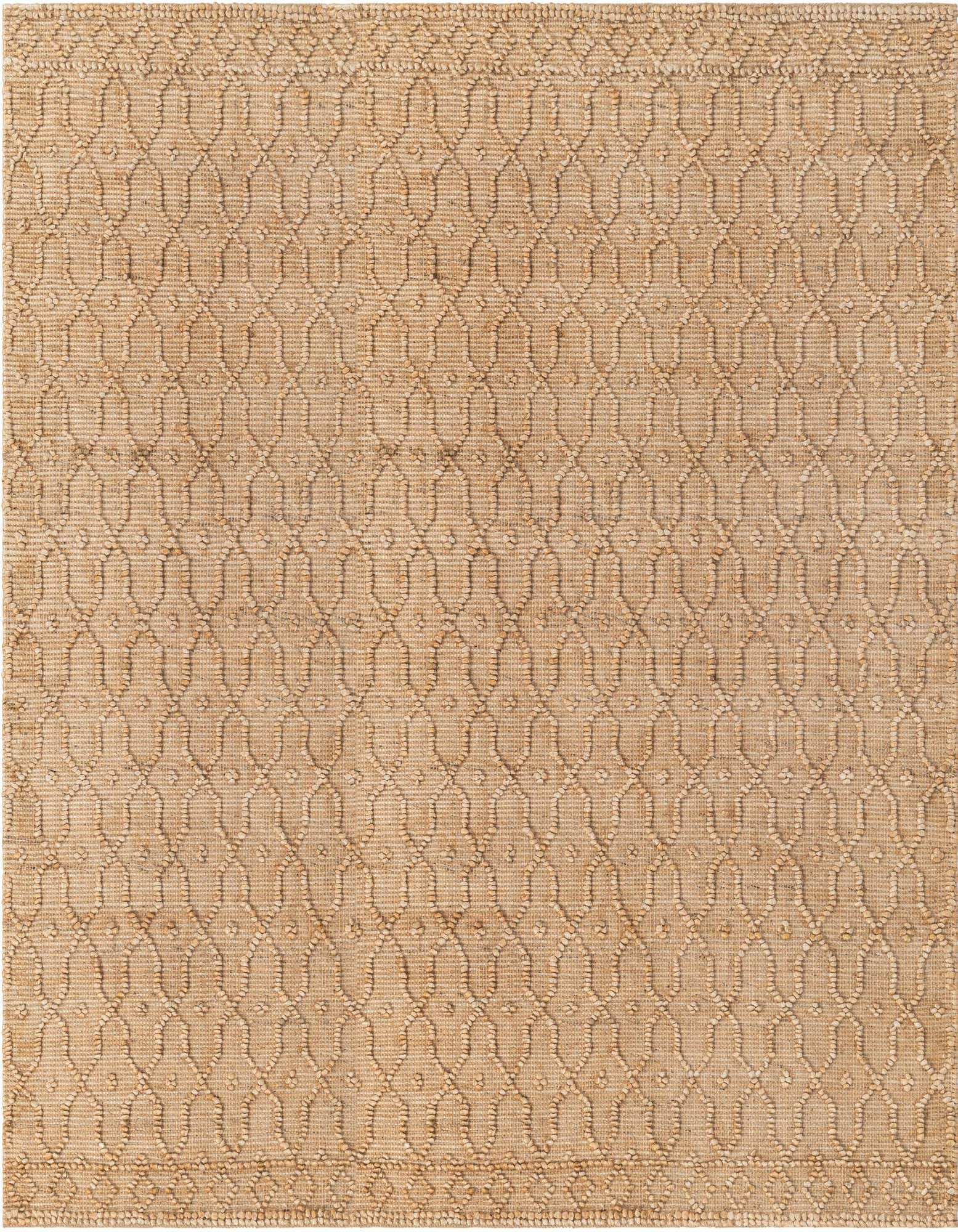 A square 7' 10 x 7' 10 Larsa Jute rug in natural brown and tan, featuring a modern trellis pattern.