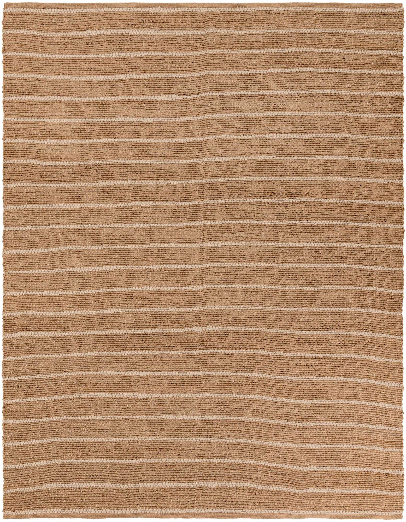 A square 7' 10 x 7' 10 Laurel Handwoven Jute rug in natural brown and ivory with horizontal stripes, showcasing its textured flatweave.