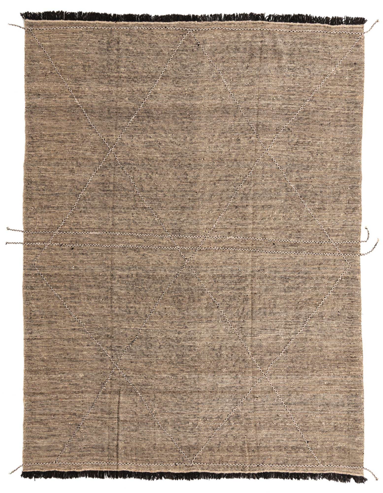 A square 8' 10 x 9' 9 Moroccan wool shag rug in brown and tan with an ivory tribal geometric pattern, featuring black fringed edges.