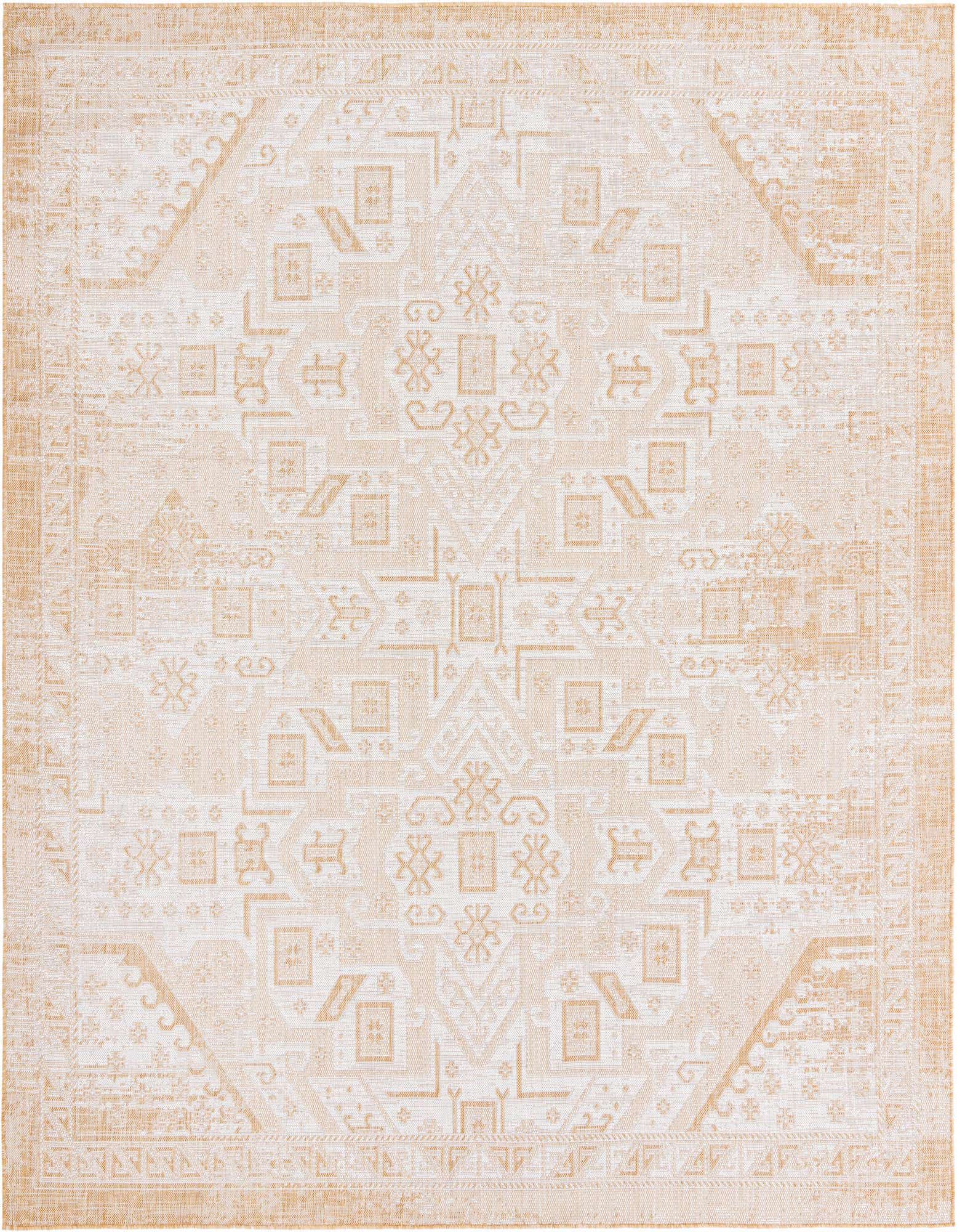 A 10' square brown and ivory Southwestern rug with a distressed tribal pattern, ideal for indoor or outdoor use.