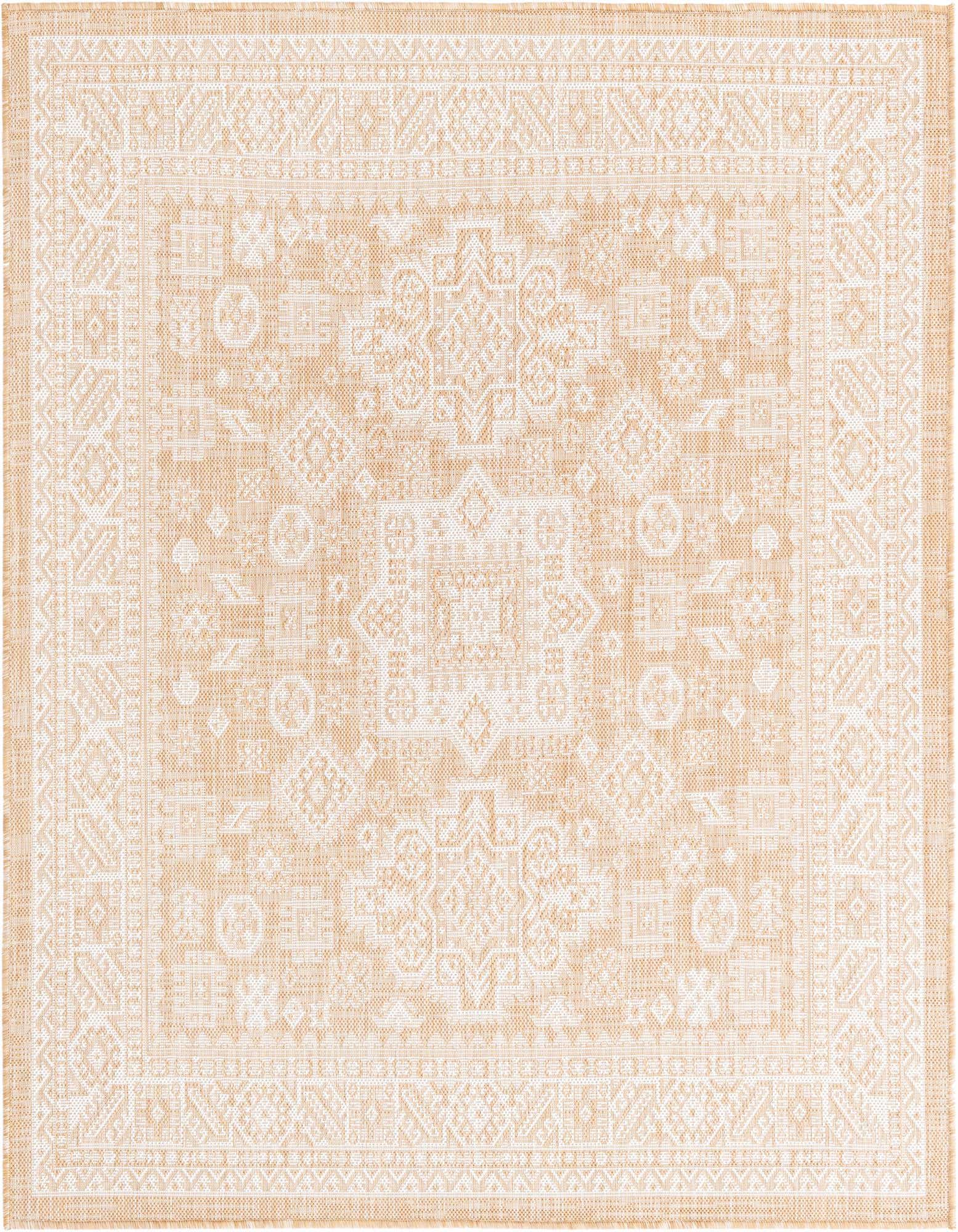 A 5' 3 x 5' 3 square Rugs.com Outdoor Aztec rug with a tan background and intricate cream Southwestern and tribal patterns.