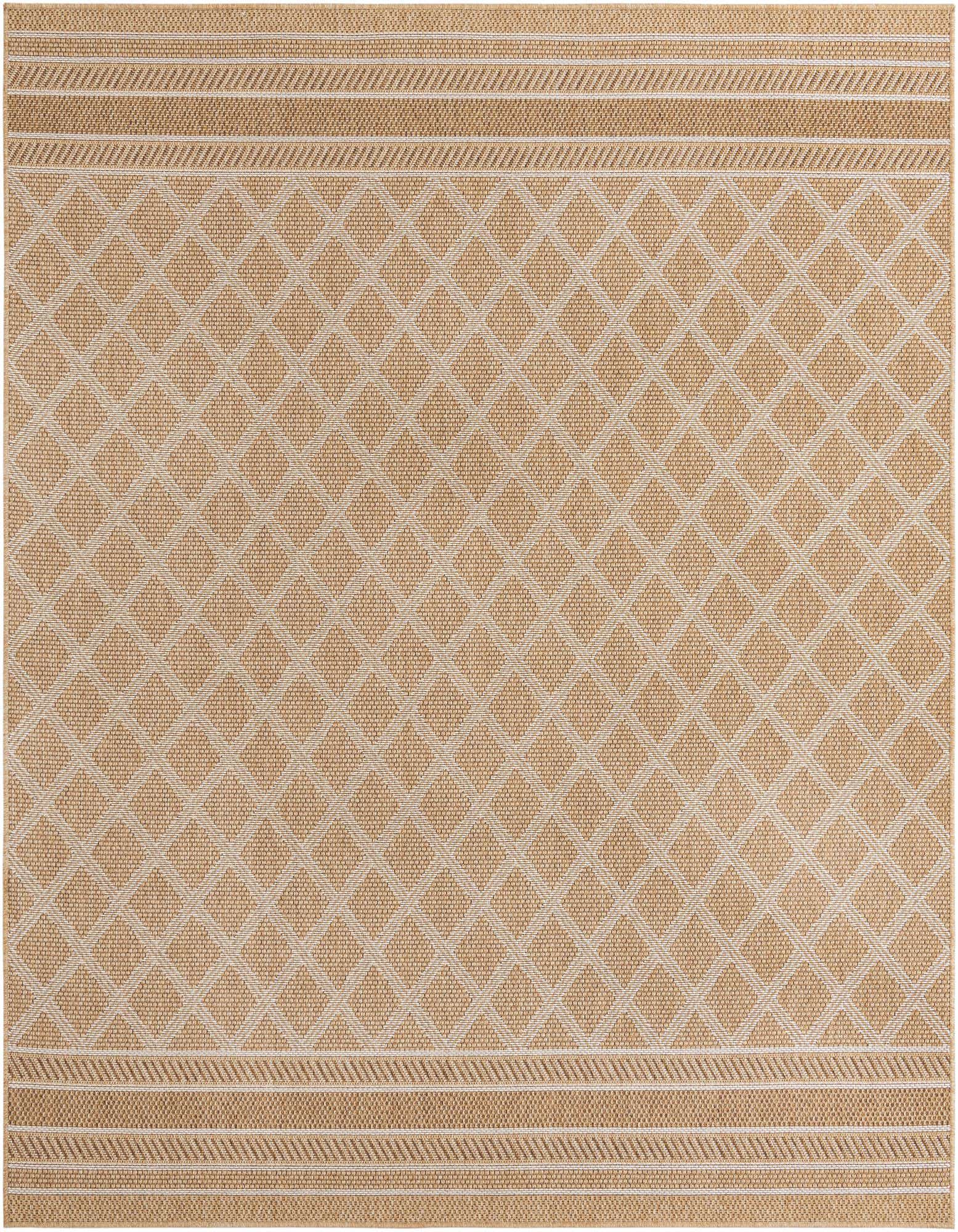 A 7' 10 x 7' 10 square brown and ivory flatweave rug with a modern lattice pattern and striped border, suitable for a patio.