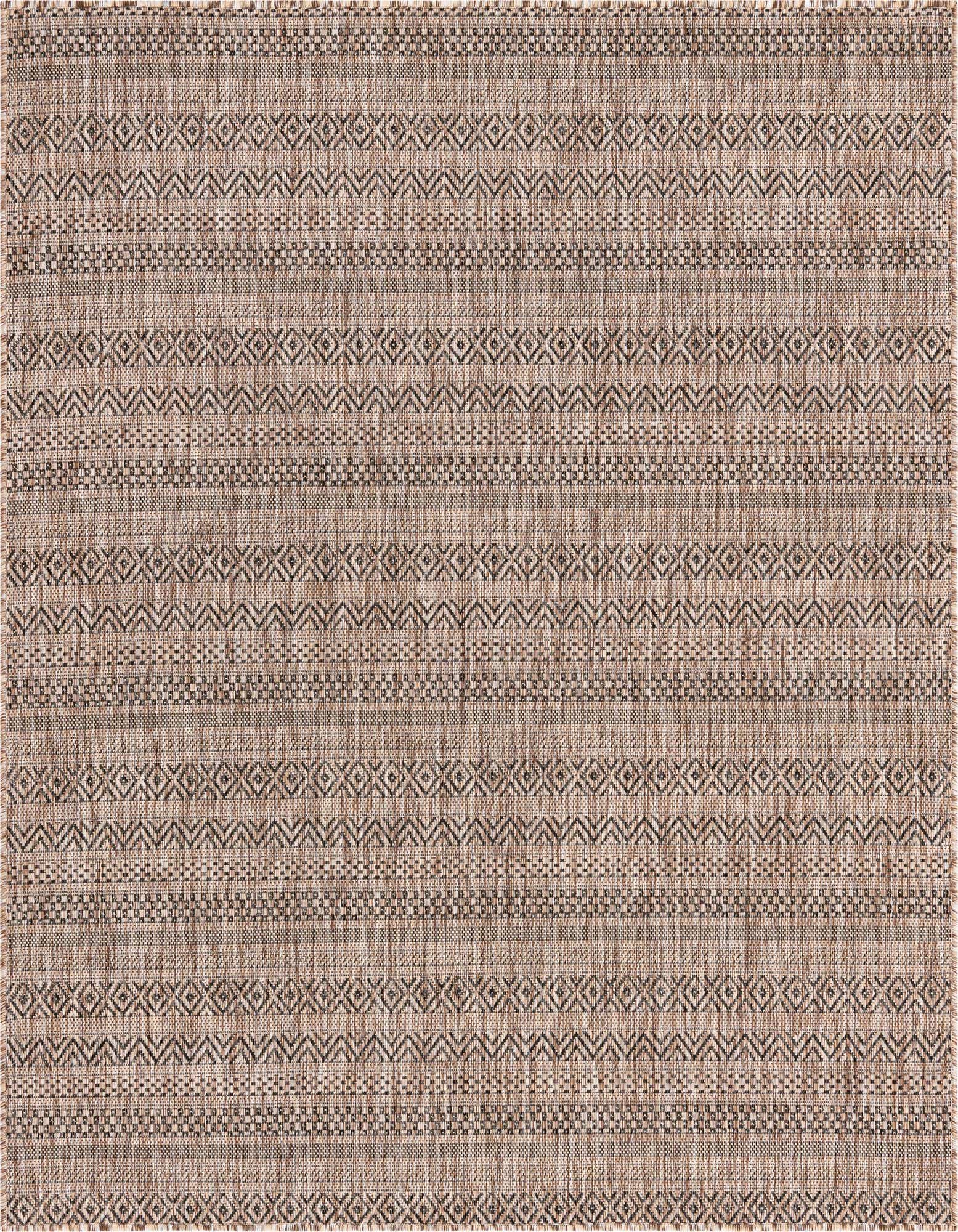 A 5'3" x 5'3" square brown tribal flatweave rug with alternating light and dark geometric patterns.