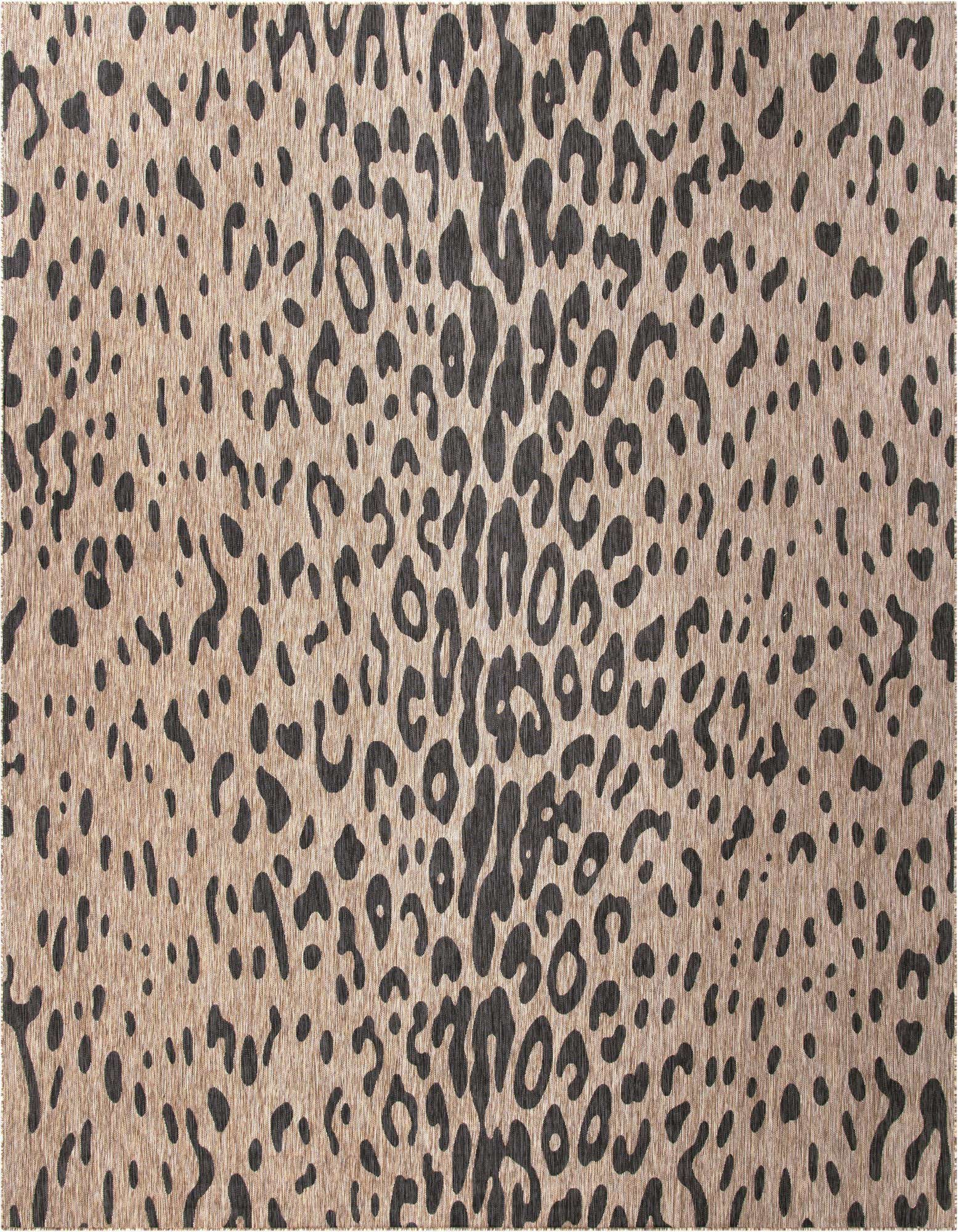 A 13' 0 x 13' 0 square indoor/outdoor rug with a modern leopard print pattern in shades of brown and tan.