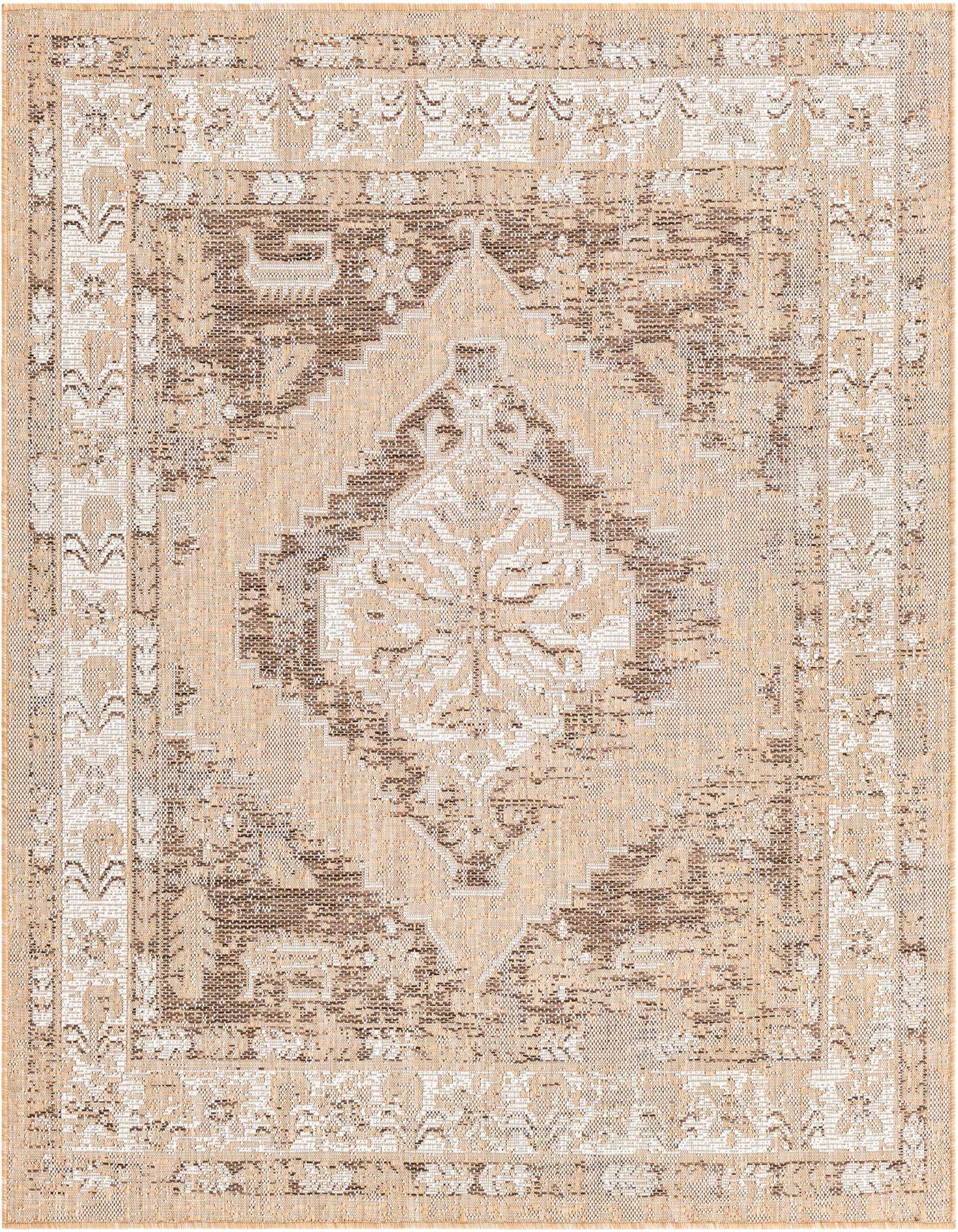 A 5'3" square Southwestern rug in shades of brown, tan, and ivory with a distressed traditional pattern, suitable for a patio.