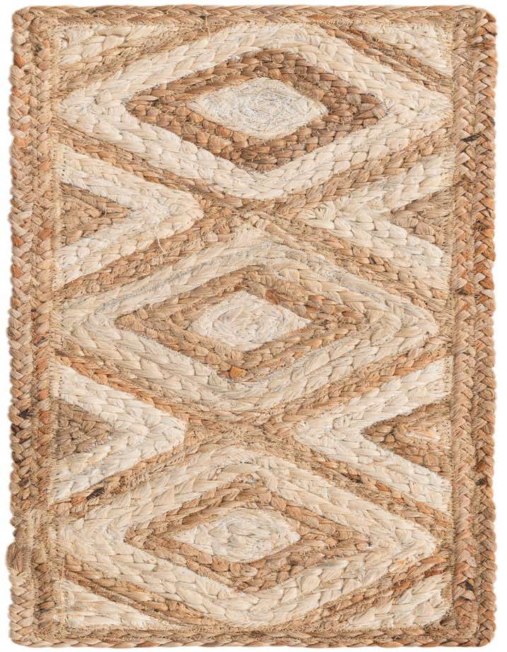 A 0' 9 x 2' 6 Braided Jute stair rug featuring a natural brown and ivory abstract diamond pattern, showcasing its textured, flatweave design.