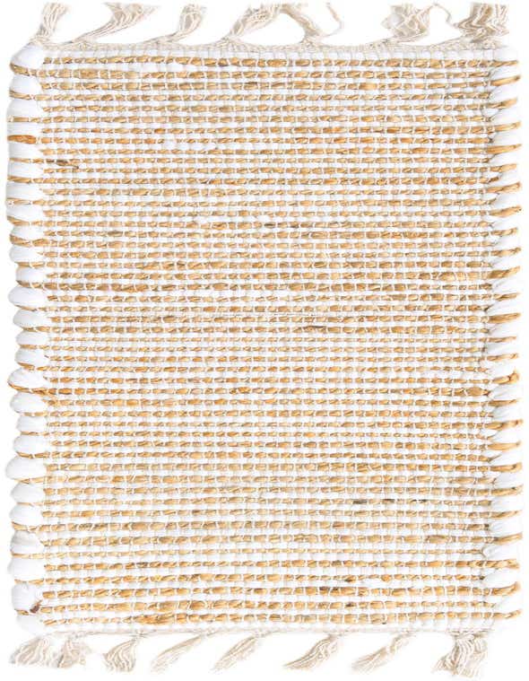 A 0' 9 x 2' 6 Chindi Jute stair rug featuring alternating stripes of natural brown jute and ivory cotton, with braided edges and tassels.