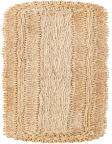A 1' 2 x 6' 1 natural jute table runner with a braided texture and decorative scalloped edges.