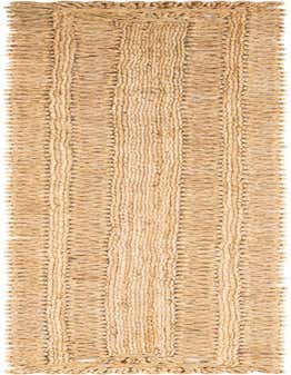 A long, narrow natural jute table runner with a braided texture and decorative looped edges, perfect for a rustic or coastal dining setting.