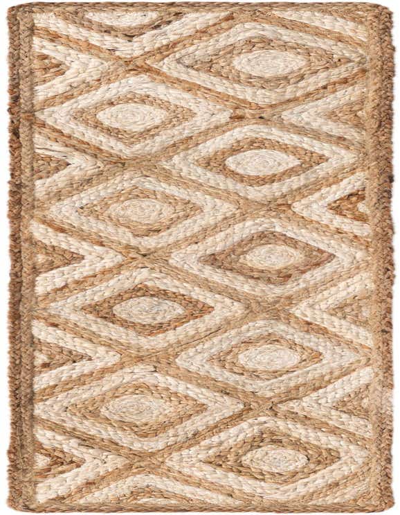 A 1' 2 x 4' 1 Braided Jute runner rug featuring a natural brown and ivory geometric diamond pattern, ideal for a table.
