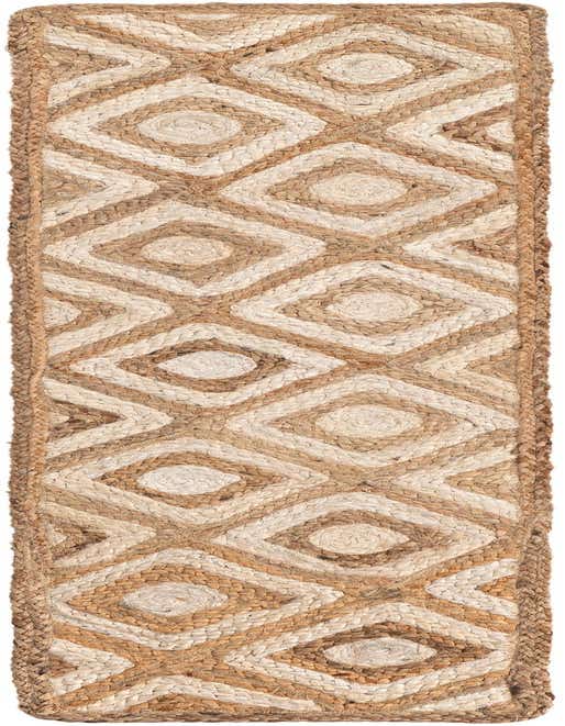 A 1' 2 x 5' 1 natural jute runner rug with a braided texture and a geometric diamond pattern in varying shades of brown and ivory.