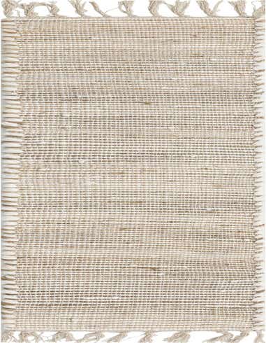 A 1' 2 x 6' 1 Chindi Jute table runner rug featuring alternating stripes of natural brown jute and cream cotton, with braided edges and tasseled ends.