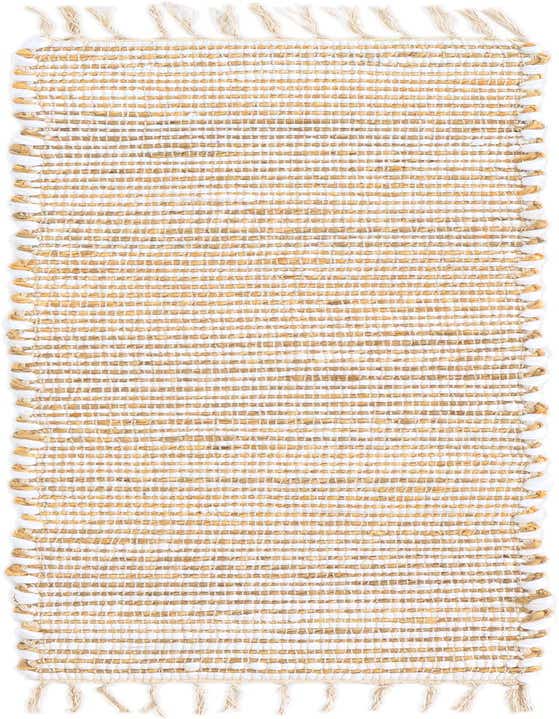 A close-up of a 1' 2 x 4' 1 Chindi Jute table runner featuring alternating stripes of natural brown jute and ivory cotton, with fringed ends.