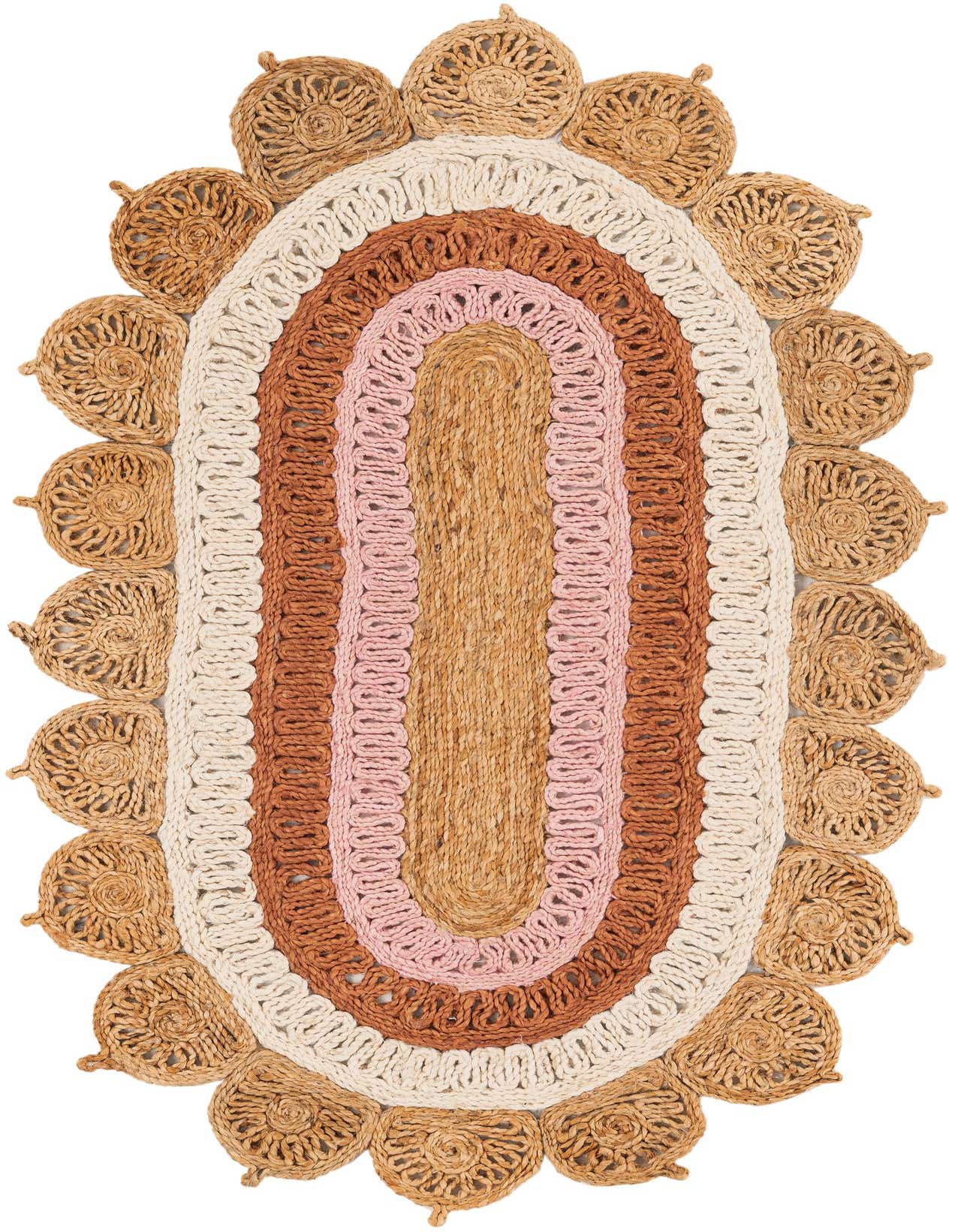 An oval 3' 1 x 5' 1 jute rug featuring natural, white, orange, and pink braided stripes, with a scalloped edge.