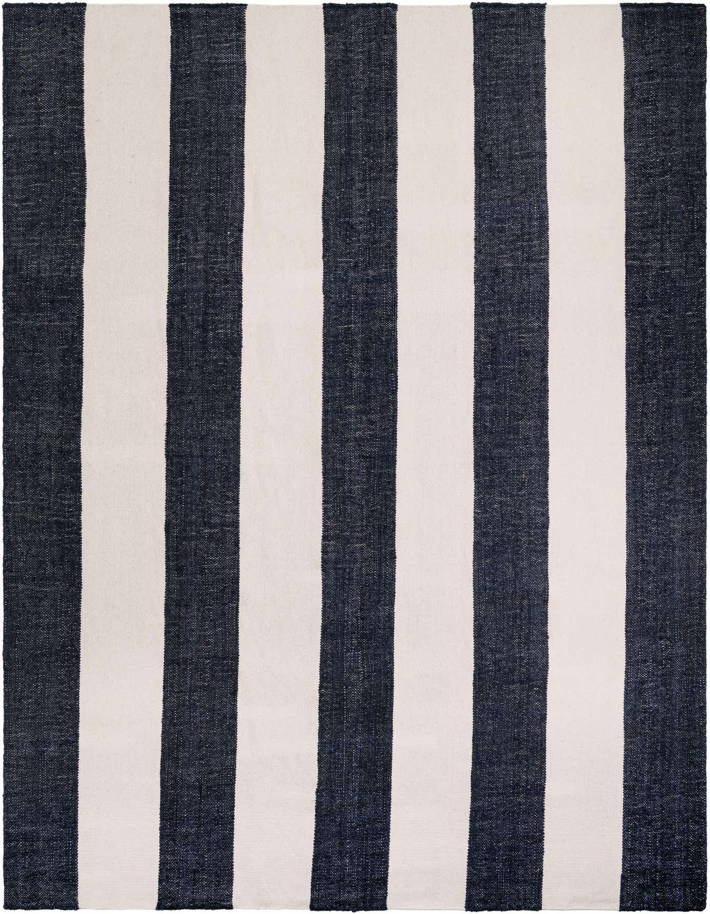 A 10x14 rectangular Jill Zarin Hamptons rug featuring wide, alternating navy blue and ivory vertical stripes.