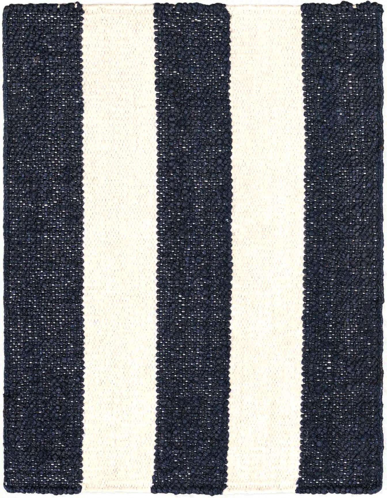A 2x3 rectangular Jill Zarin Hamptons rug featuring bold navy blue and cream vertical stripes with a textured flatweave.