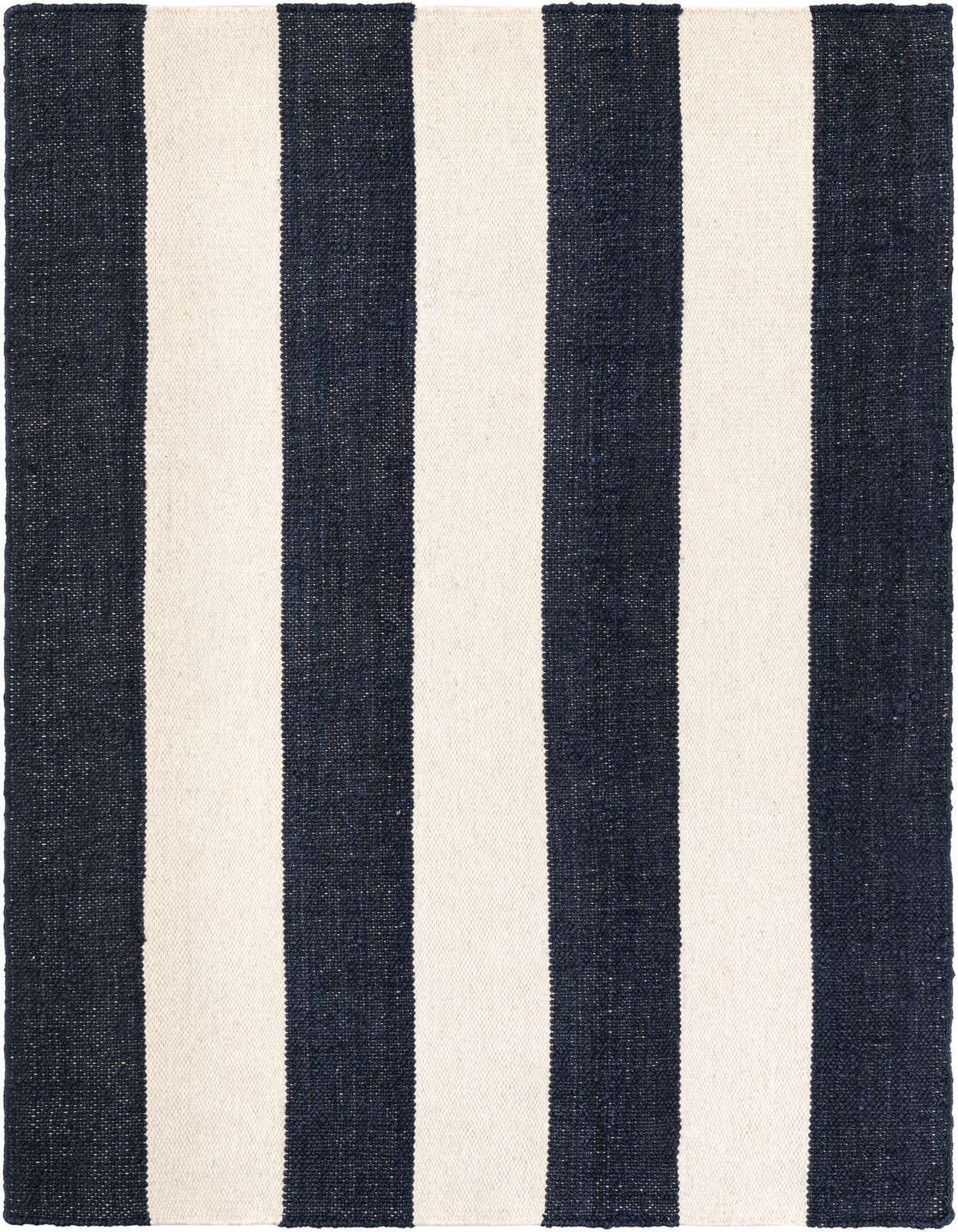 A 5x8 rectangular Jill Zarin Hamptons rug featuring bold navy blue and cream stripes, showcasing its textured, flatweave design.