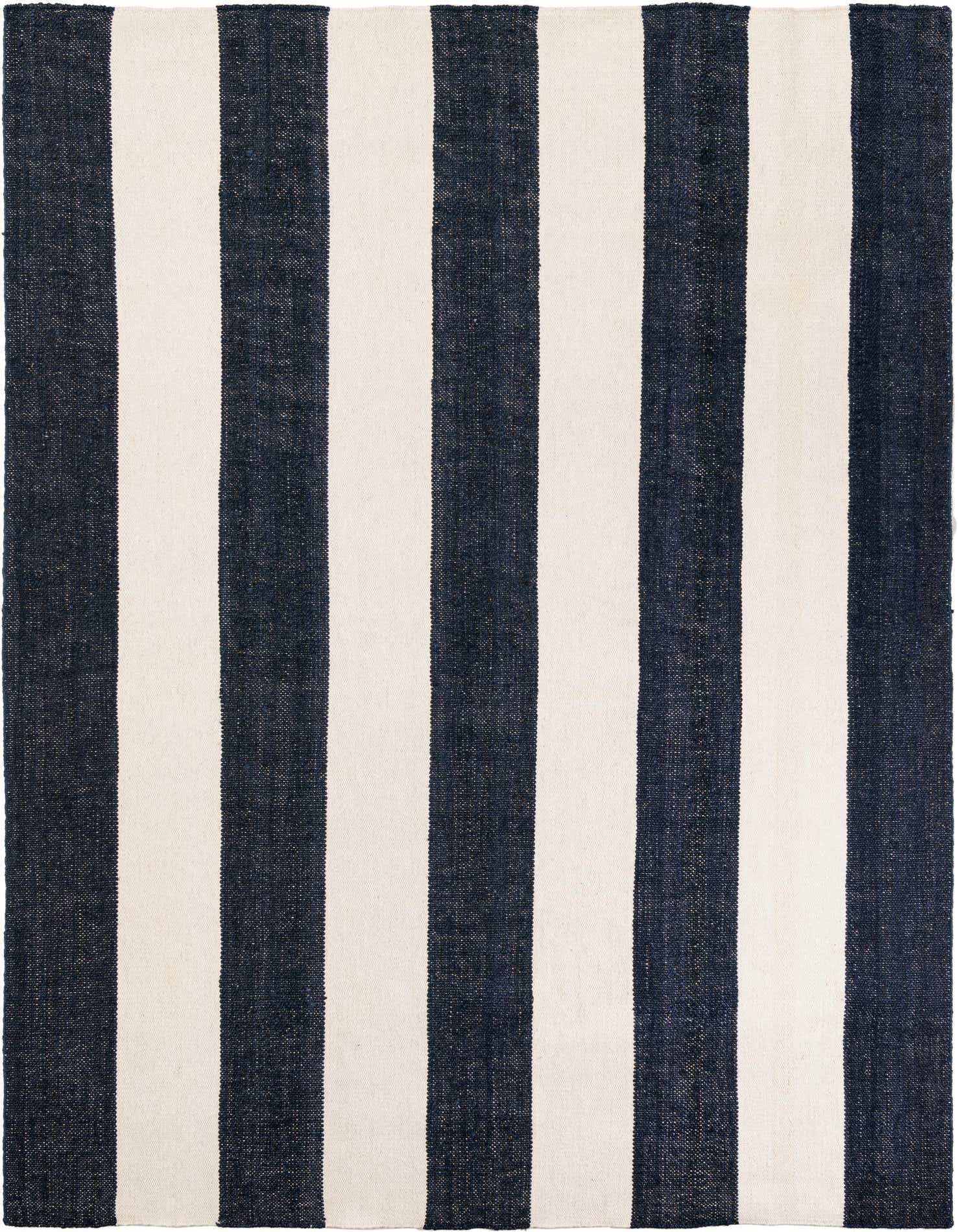 A 9x12 rectangular Jill Zarin Hamptons rug featuring bold vertical stripes in navy blue and ivory, perfect for a coastal living room.