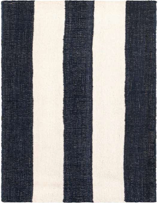 A 10 ft runner rug with bold vertical stripes in navy blue and ivory, showcasing its textured flatweave construction.
