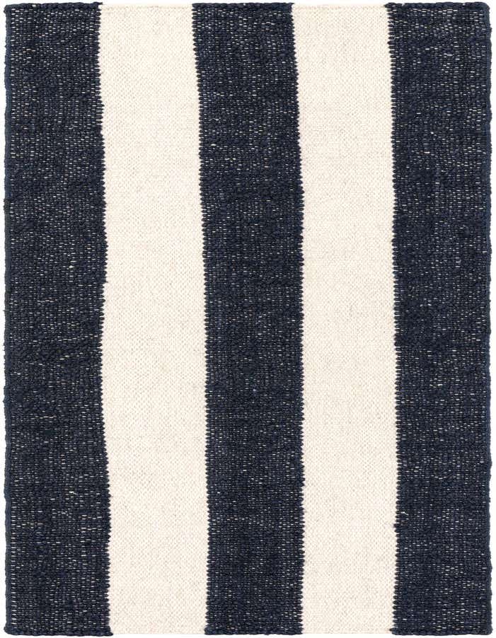 A 6 ft runner rug with bold vertical stripes in navy blue and ivory, showcasing its textured flatweave.