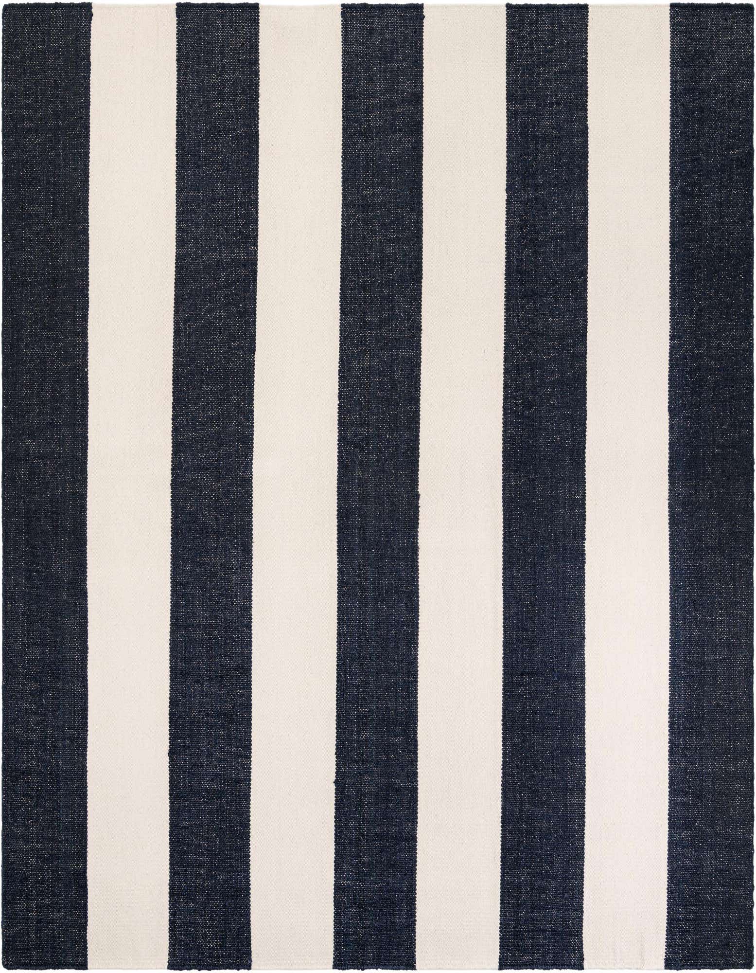 A 10'x10' square Jill Zarin Hamptons rug with wide vertical stripes in navy blue and ivory, made from jute and wool.
