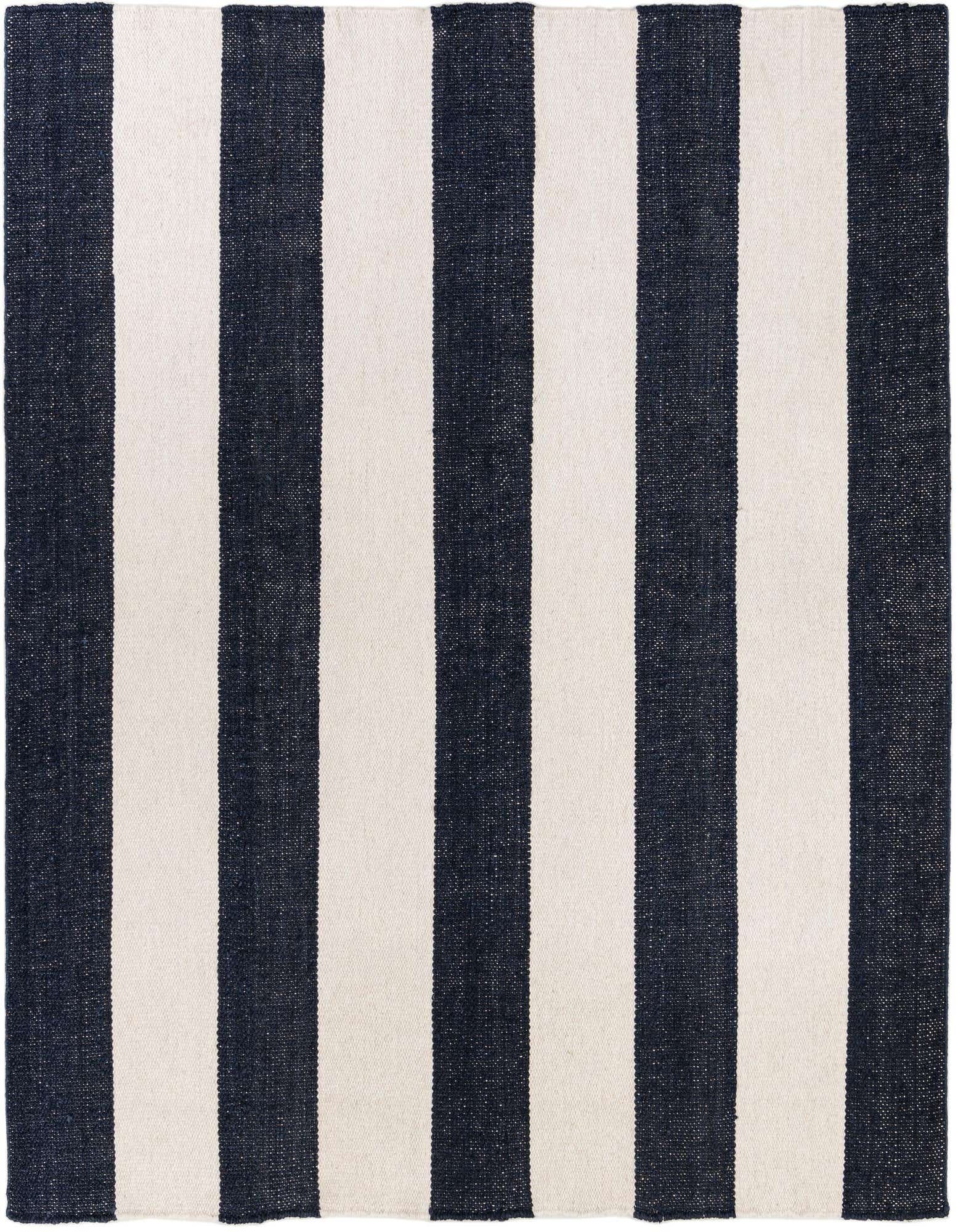 A square 7' 10 x 7' 10 Jill Zarin Hamptons rug with wide navy blue and cream stripes, featuring a natural textured flatweave.