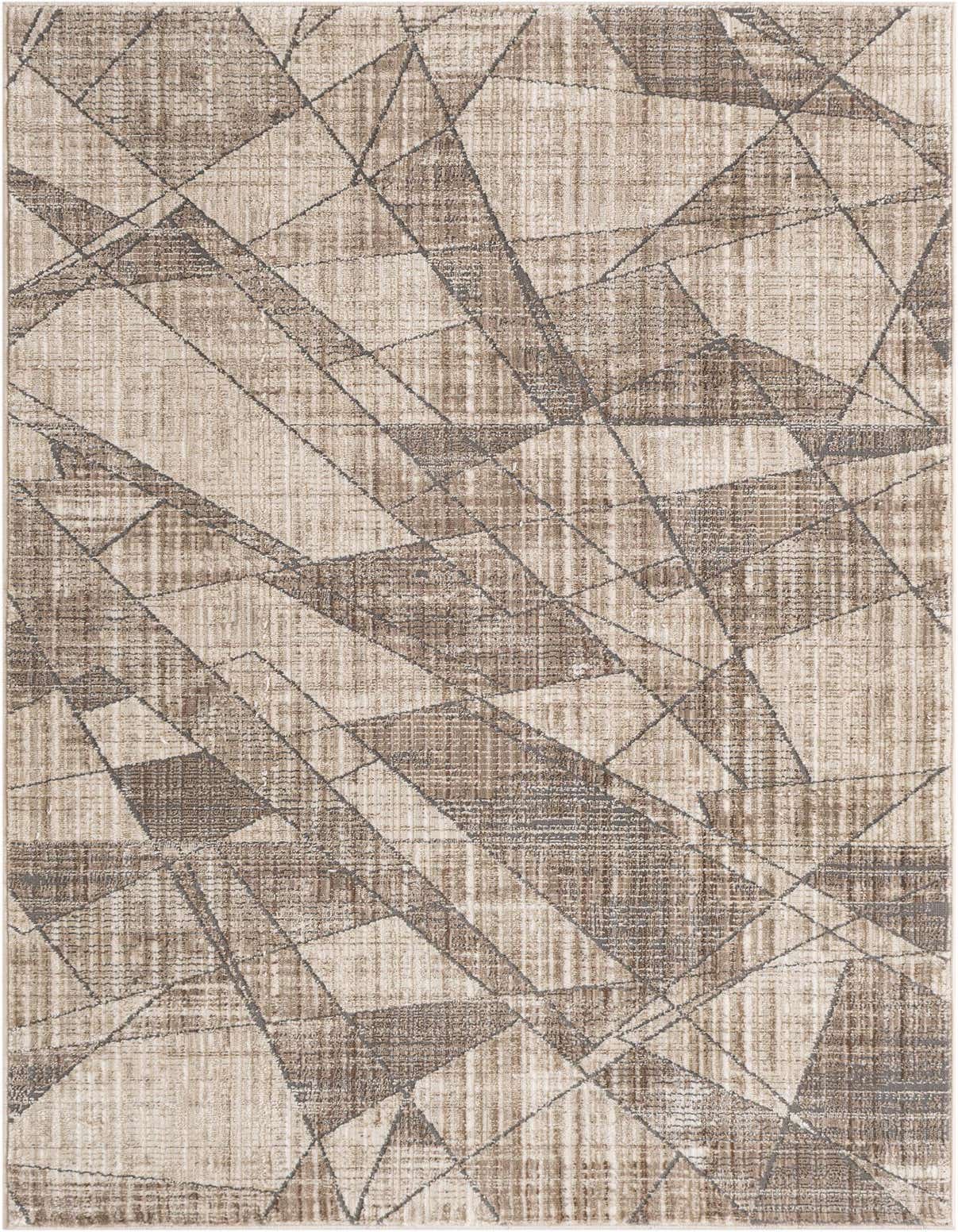 A 3x5 rectangular rug with a modern abstract geometric pattern in shades of brown, tan, and white.