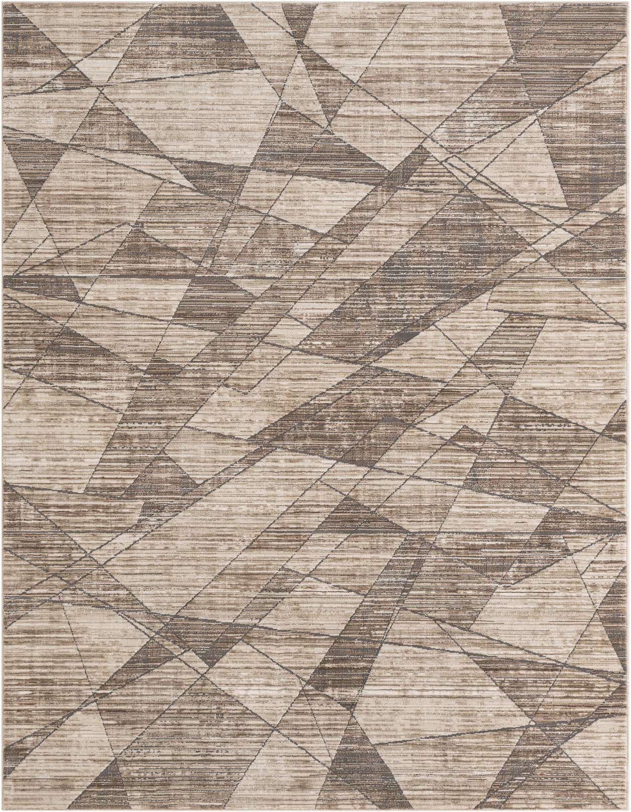 A 5x8 rectangular area rug with a modern abstract geometric pattern in varying shades of brown, tan, and white.